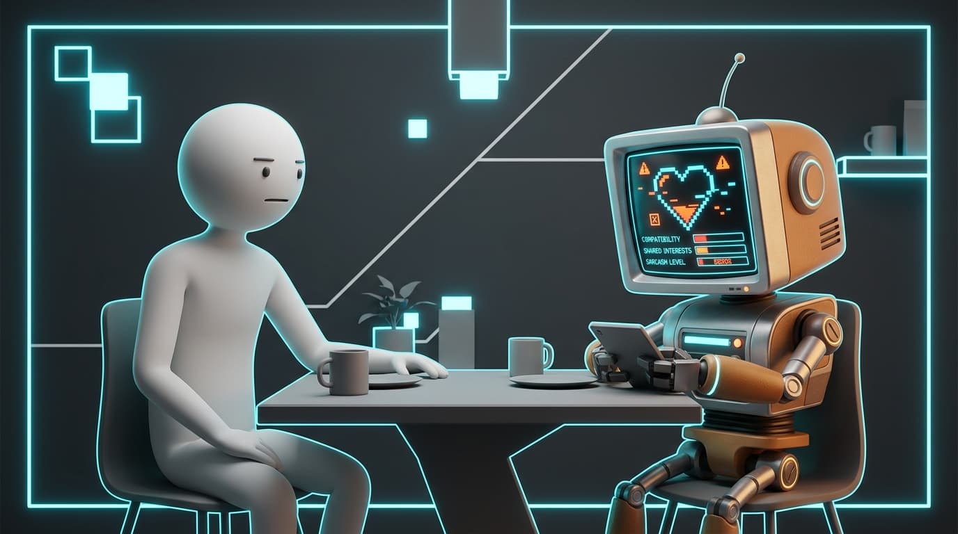 Minimalist illustrated figure on date with retro robot