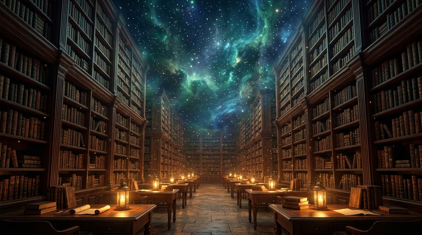 Ancient nocturnal library under celestial star vault